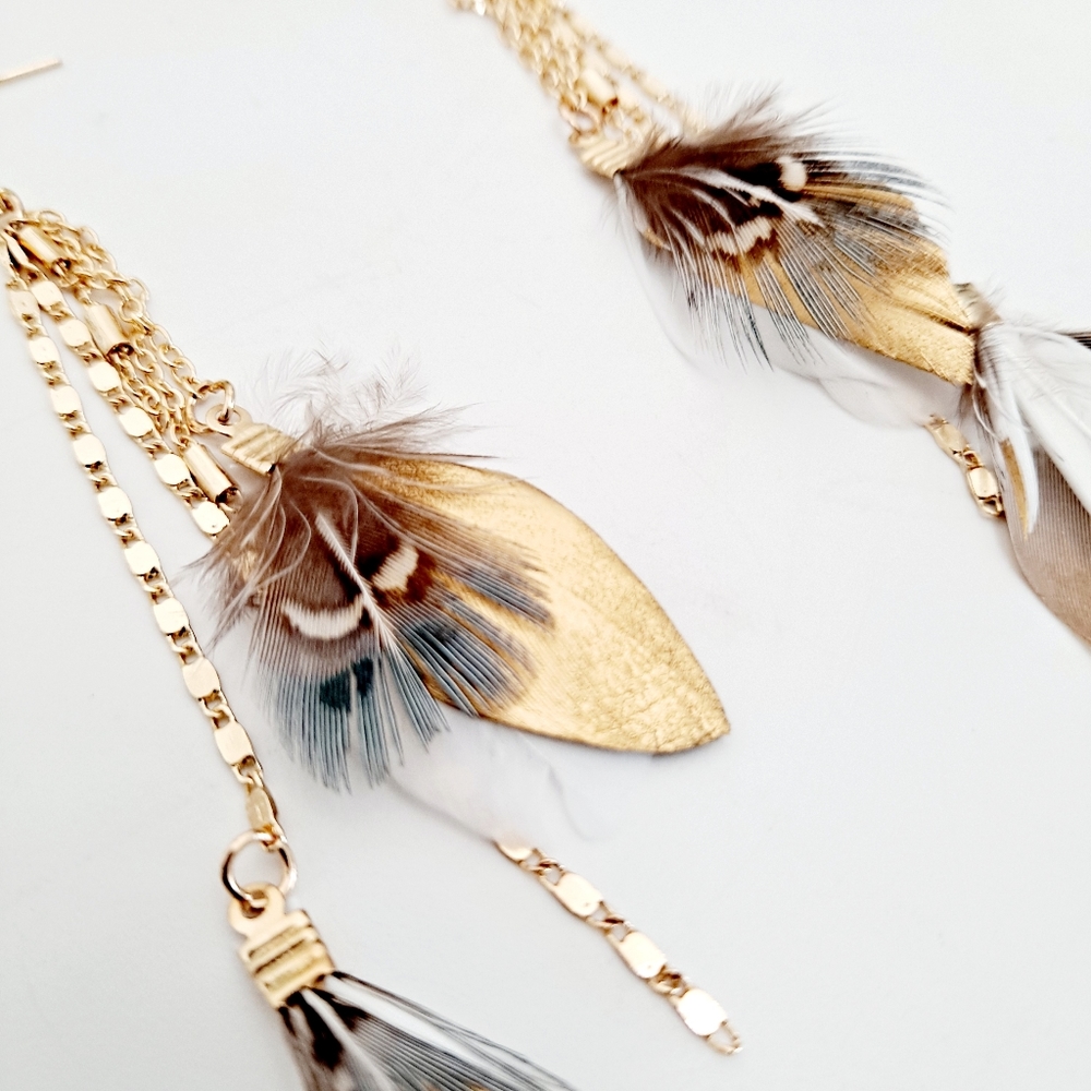 Women's long boho Gold tassel drop multicolor feather earrings 2/$30 - Picture 11 of 12